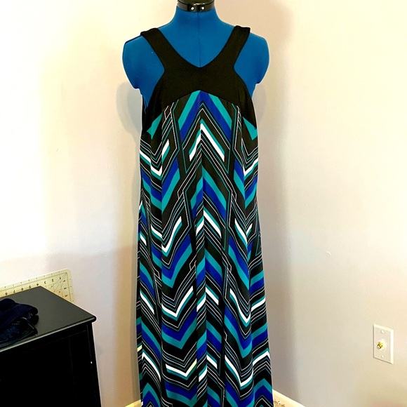 NY Collection Chevron Maxi Dress - Black and Teal - Picture 1 of 3
